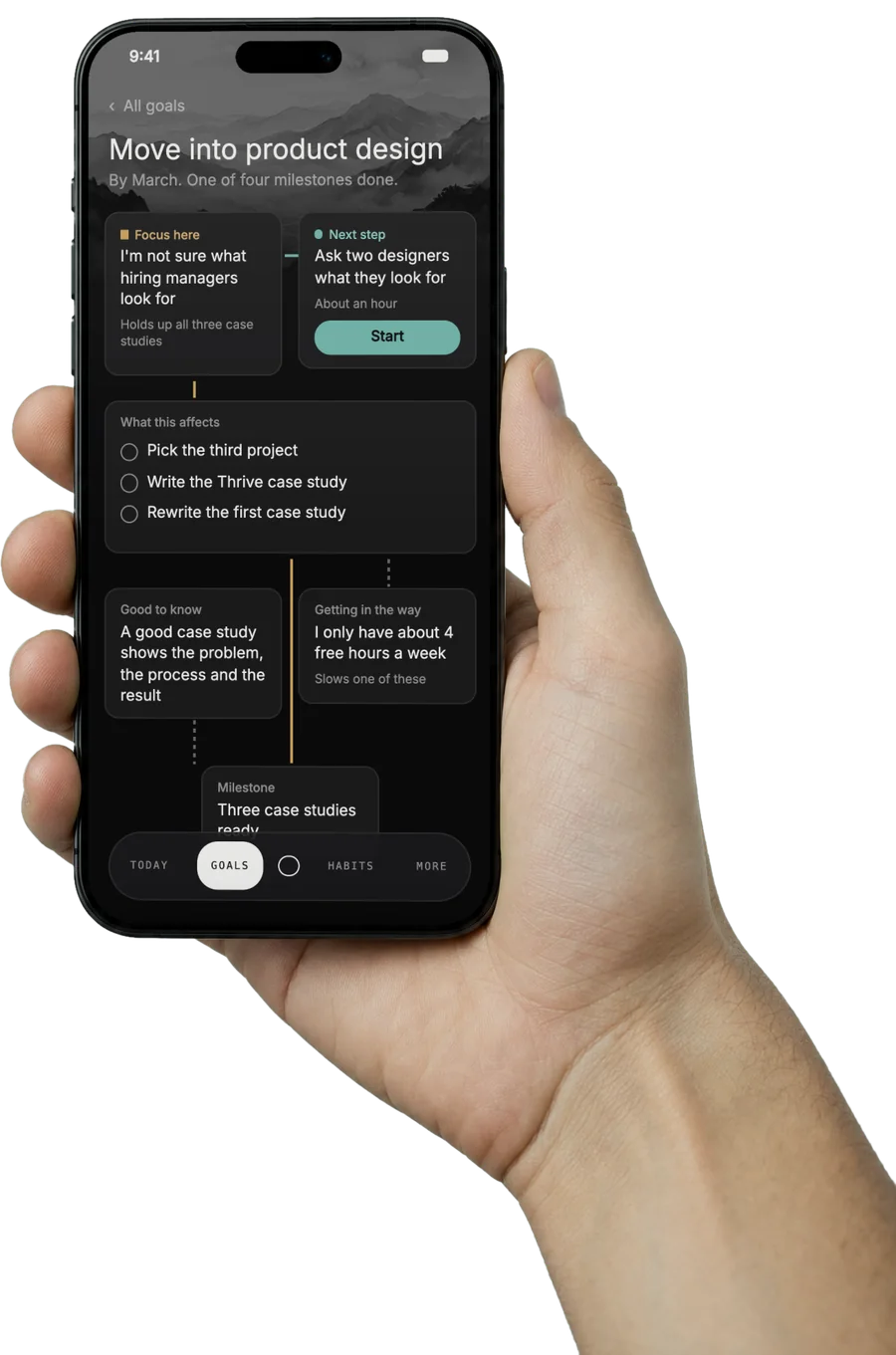 Thrive on iPhone, showing the goal map for Move into product design: the focus, the next step, and the tasks it affects