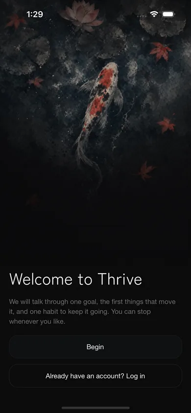 The Thrive welcome screen on iPhone: a koi over dark water, with Begin and Log in
